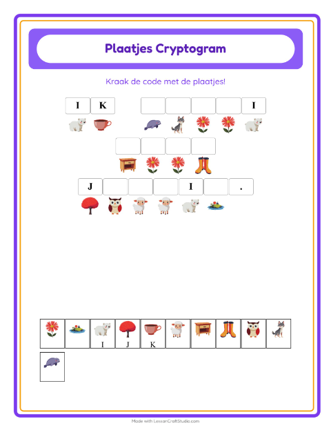 Voorbeeld van het Cryptogram-werkblad voor kleuterklas