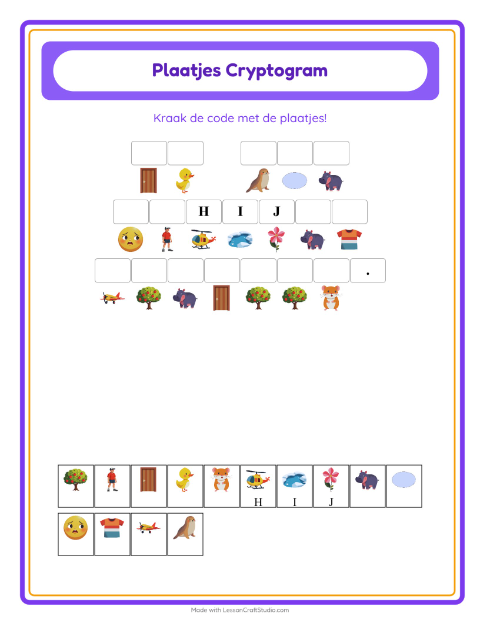 Voorbeeld van het Cryptogram-werkblad voor kleuterklas