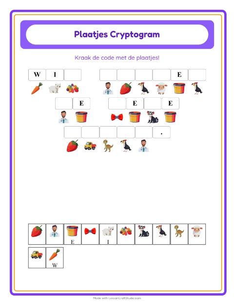 Voorbeeld van het Cryptogram-werkblad voor kleuterklas