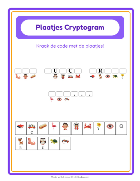 Voorbeeld van het Cryptogram-werkblad voor kleuterklas