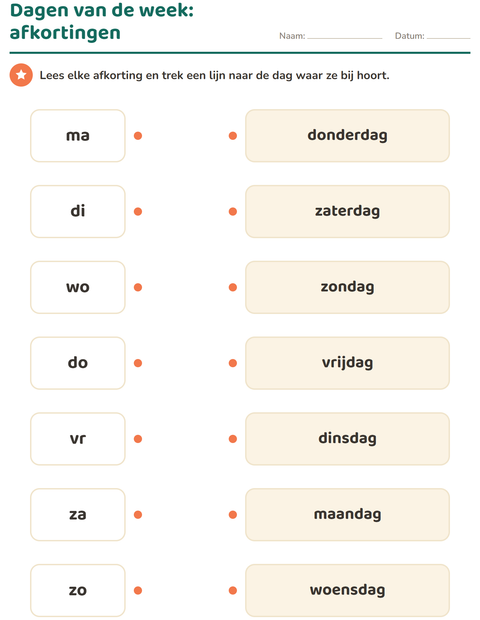 Voorbeeld van het Dagen en maanden-werkblad voor groep 3