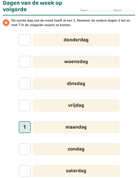 Voorbeeld van het Dagen en maanden-werkblad voor kleuterklas