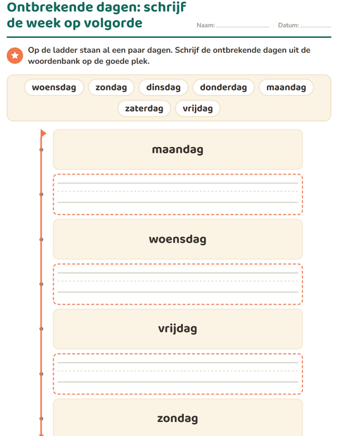 Voorbeeld van het Dagen en maanden-werkblad voor kleuterklas