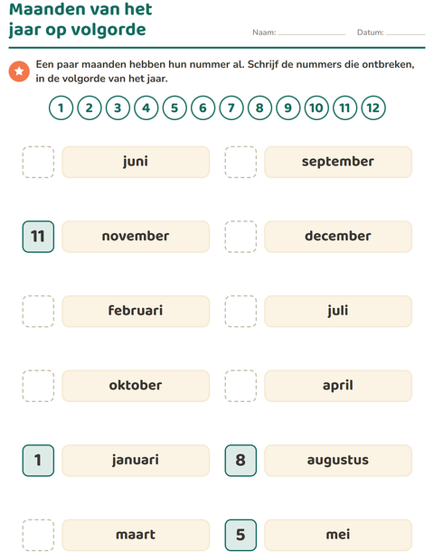 Voorbeeld van het Dagen en maanden-werkblad voor groep 3