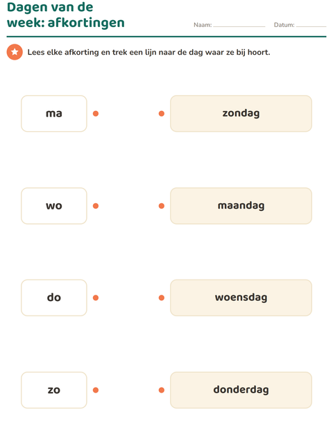 Voorbeeld van het Dagen en maanden-werkblad voor groep 3