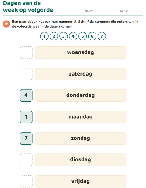Voorbeeld van het Dagen en maanden-werkblad voor kleuterklas