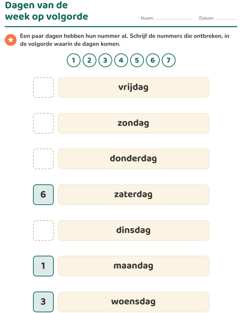 Voorbeeld van het Dagen en maanden-werkblad voor kleuterklas