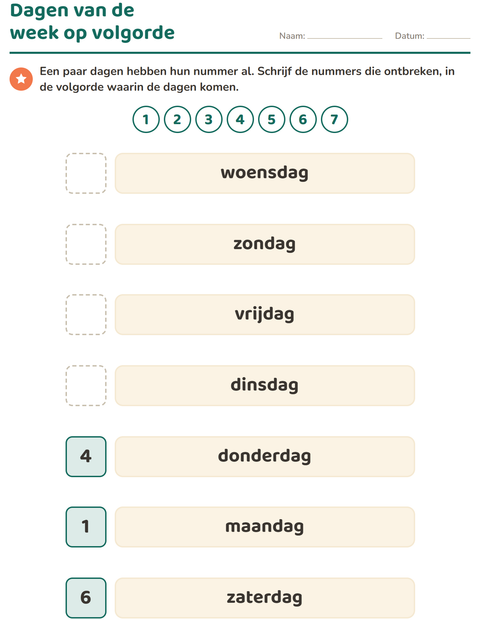 Voorbeeld van het Dagen en maanden-werkblad voor kleuterklas