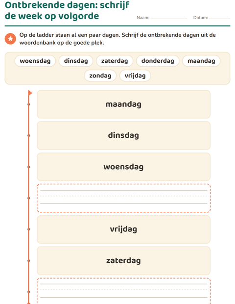Voorbeeld van het Dagen en maanden-werkblad voor kleuterklas
