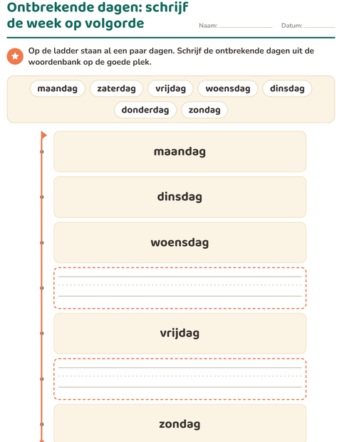Voorbeeld van het Dagen en maanden-werkblad voor kleuterklas