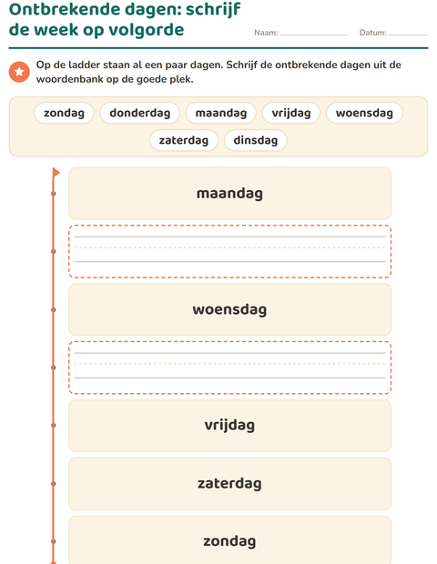 Voorbeeld van het Dagen en maanden-werkblad voor kleuterklas