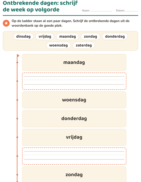 Voorbeeld van het Dagen en maanden-werkblad voor kleuterklas