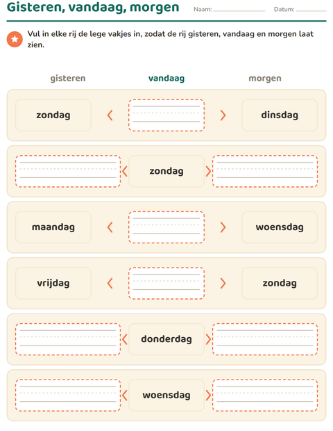 Voorbeeld van het Dagen en maanden-werkblad voor groep 3
