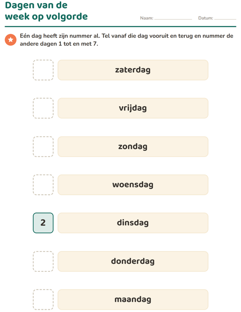 Voorbeeld van het Dagen en maanden-werkblad voor kleuterklas