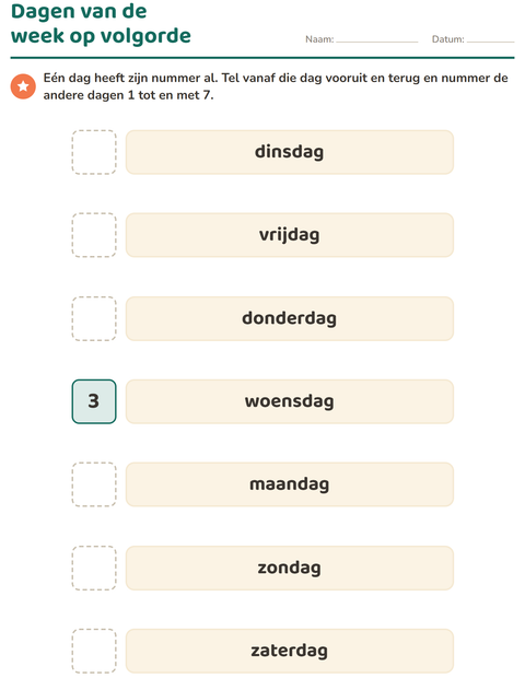 Voorbeeld van het Dagen en maanden-werkblad voor kleuterklas
