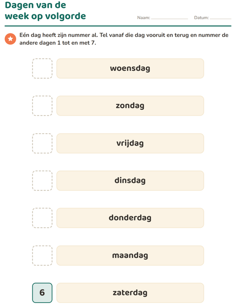 Voorbeeld van het Dagen en maanden-werkblad voor kleuterklas