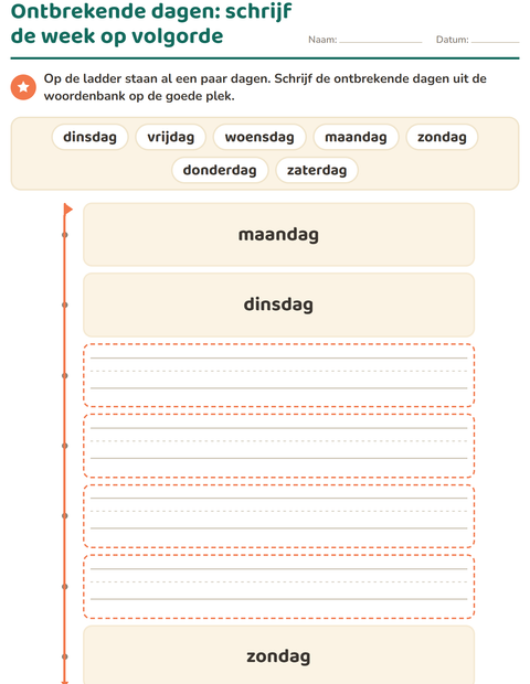 Voorbeeld van het Dagen en maanden-werkblad voor kleuterklas