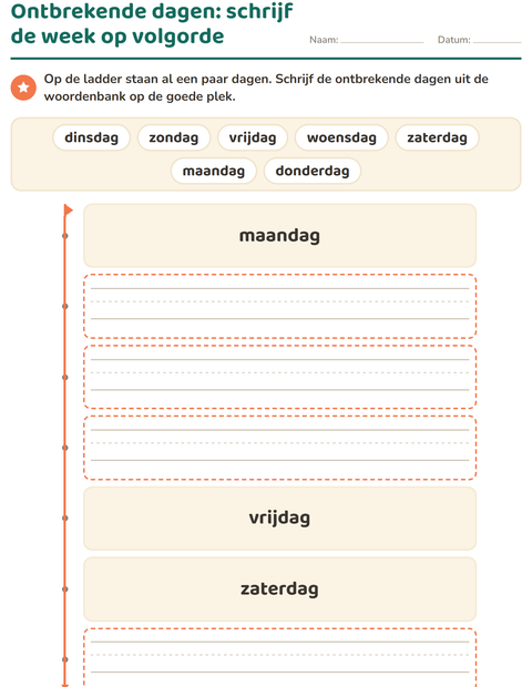 Voorbeeld van het Dagen en maanden-werkblad voor kleuterklas