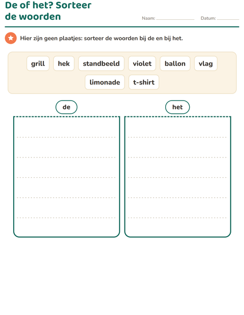 Voorbeeld van het De of het-werkblad met 4 juli voor groep 3
