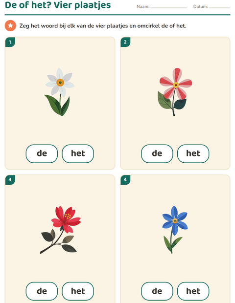 Voorbeeld van het De of het-werkblad met Bloemen voor kleuterklas