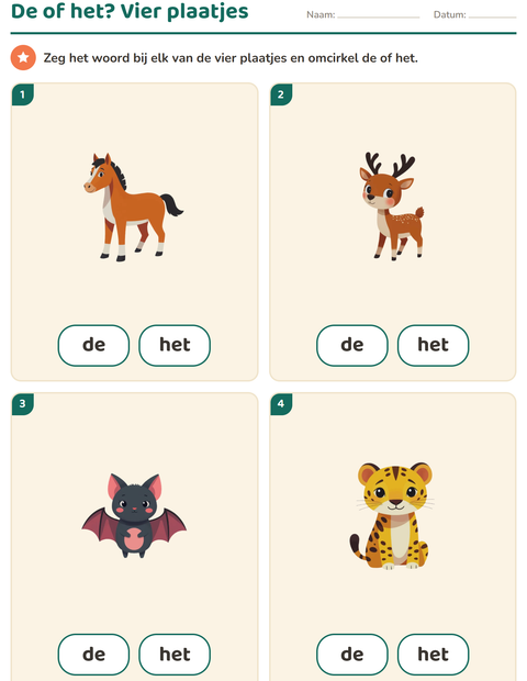 Voorbeeld van het De of het-werkblad met Dieren voor kleuterklas