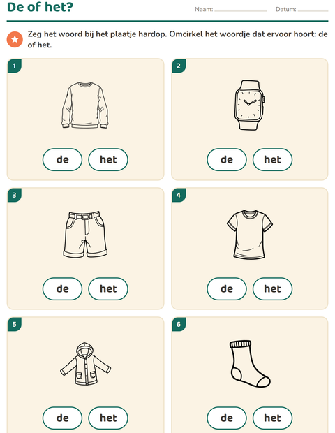 Voorbeeld van het De of het-werkblad met Kleding ZW voor kleuterklas