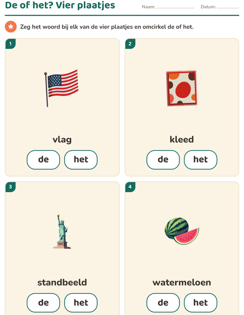 Voorbeeld van het De of het-werkblad met 4 juli voor kleuterklas