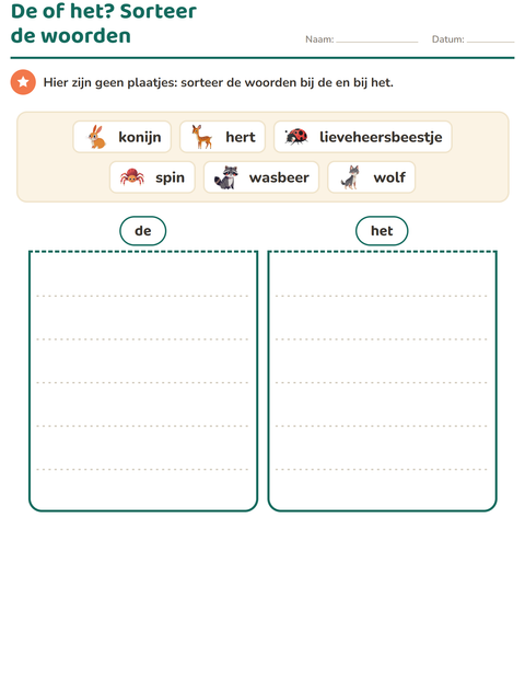 Voorbeeld van het De of het-werkblad met Boswezens voor groep 3