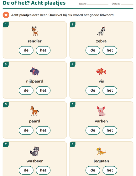 Voorbeeld van het De of het-werkblad met Dieren voor kleuterklas