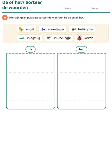 Voorbeeld van het De of het-werkblad met Dingen die vliegen voor groep 3