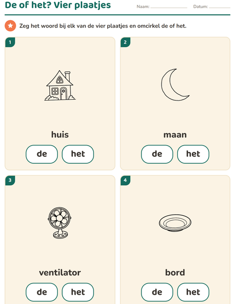Voorbeeld van het De of het-werkblad met Huis en Natuur ZW voor kleuterklas