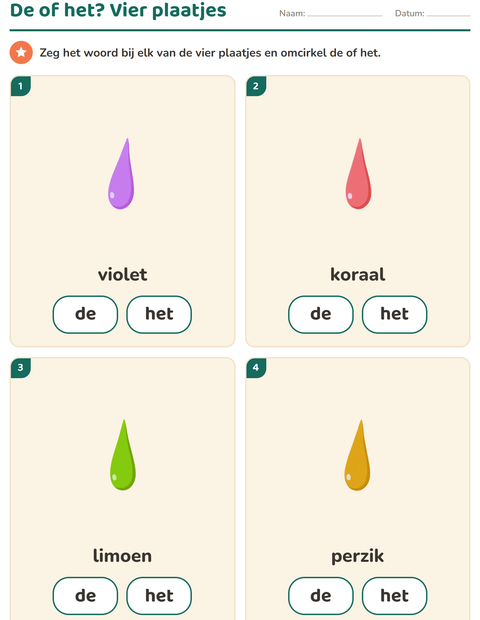 Voorbeeld van het De of het-werkblad met Kleuren voor kleuterklas