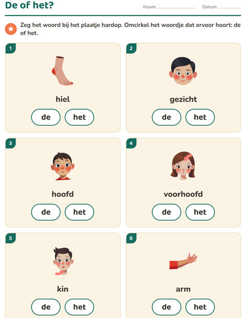 Voorbeeld van het De of het-werkblad met Lichaamsdelen voor kleuterklas
