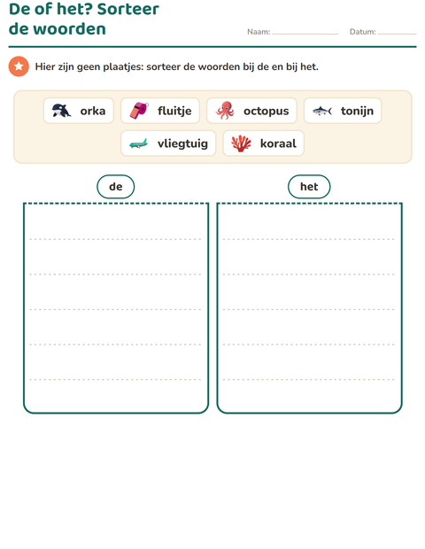 Voorbeeld van het De of het-werkblad met Oceaanleven voor groep 3