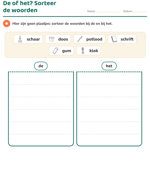 Voorbeeld van het De of het-werkblad met Onderwijs ZW voor groep 3