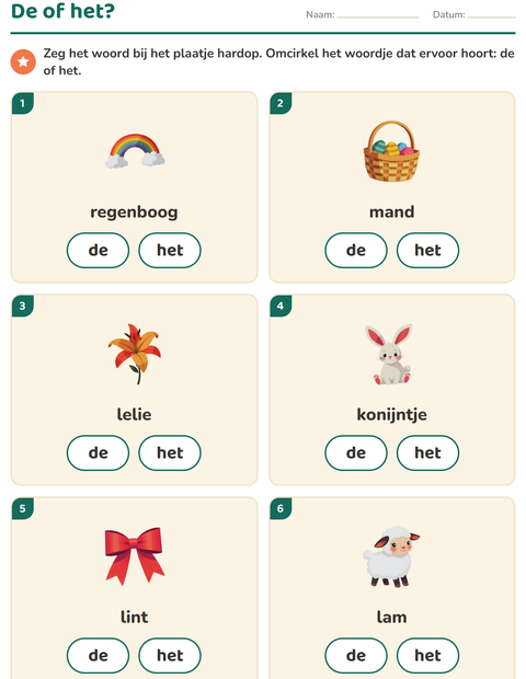Voorbeeld van het De of het-werkblad met Pasen voor kleuterklas