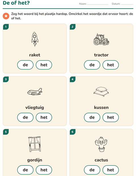Voorbeeld van het De of het-werkblad met Speelgoed ZW voor kleuterklas