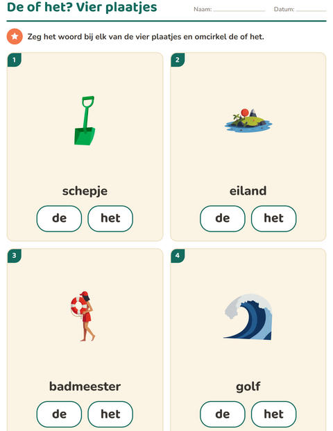 Voorbeeld van het De of het-werkblad met Strand voor kleuterklas