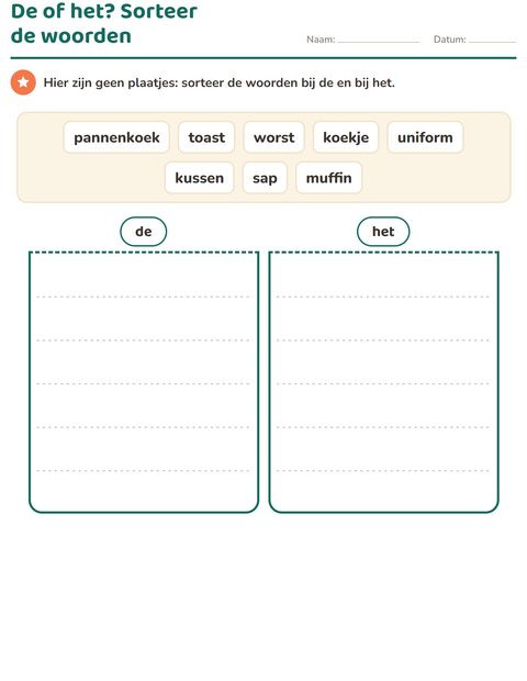 Voorbeeld van het De of het-werkblad met Ontbijt voor groep 3