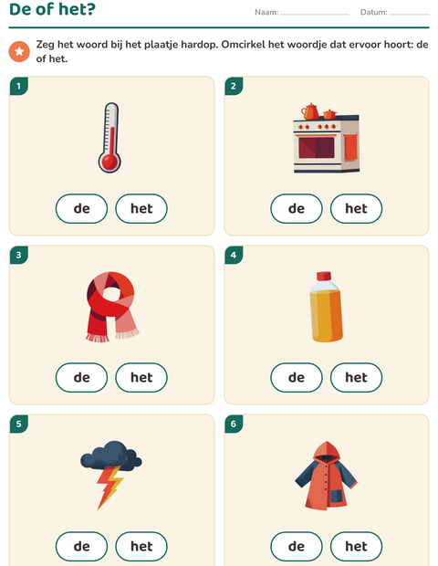 Voorbeeld van het De of het-werkblad met Weer voor kleuterklas