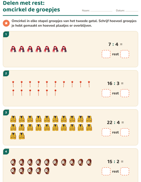 Voorbeeld van het Delen met rest-werkblad met Accessoires voor groep 5