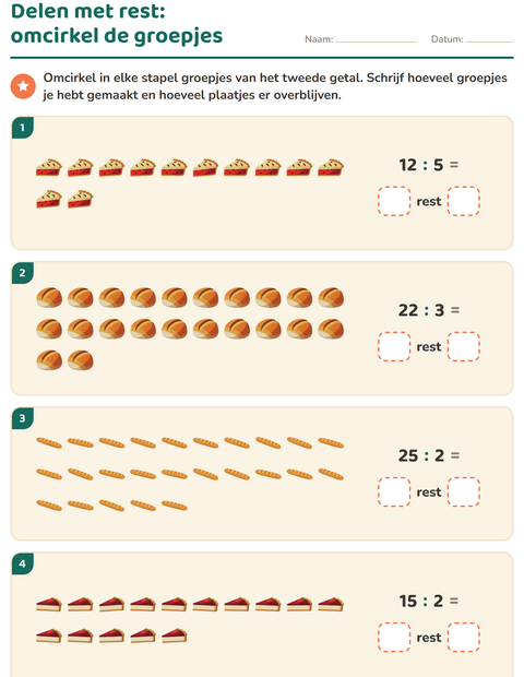 Voorbeeld van het Delen met rest-werkblad met Bakkerij voor groep 5
