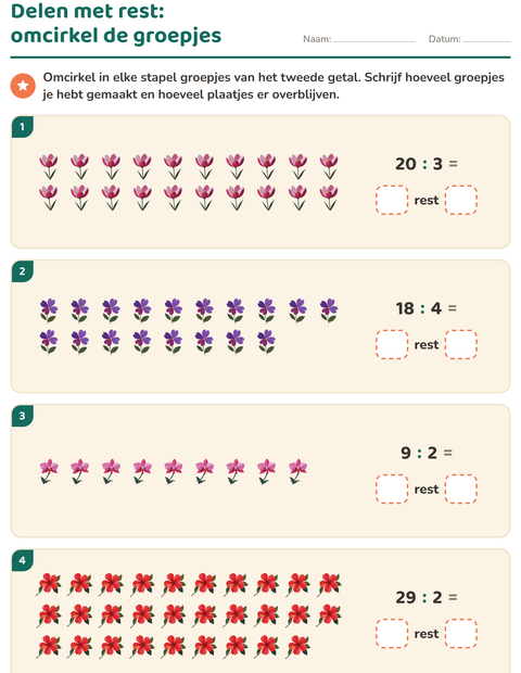 Voorbeeld van het Delen met rest-werkblad met Bloemen voor groep 5