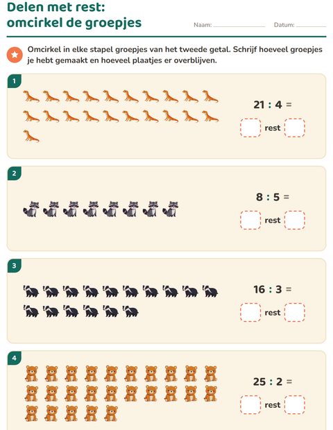 Voorbeeld van het Delen met rest-werkblad met Boswezens voor groep 5