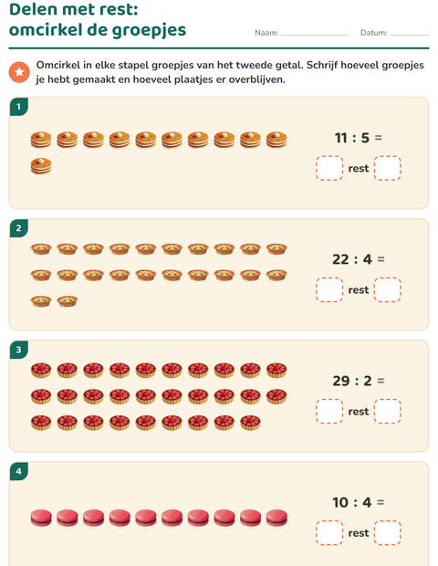 Voorbeeld van het Delen met rest-werkblad met Desserts en snoep voor groep 5