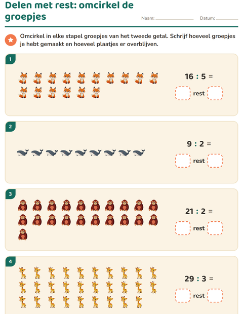 Voorbeeld van het Delen met rest-werkblad met Dieren voor groep 5