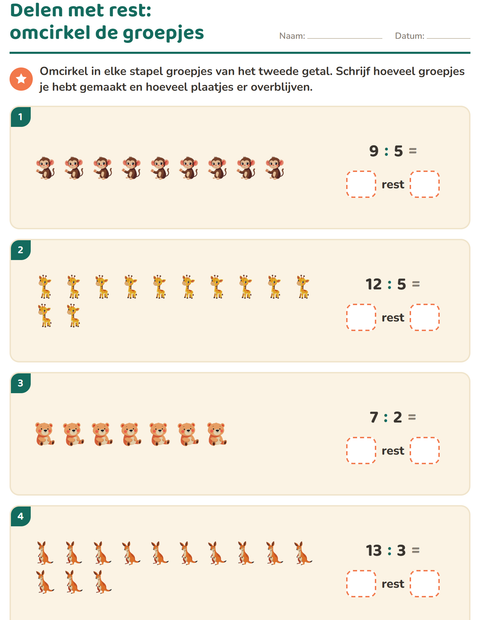 Voorbeeld van het Delen met rest-werkblad met Dierentuindieren voor groep 5