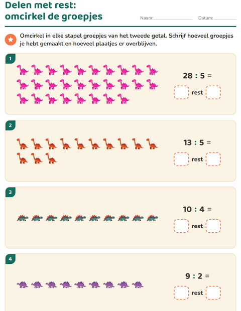 Voorbeeld van het Delen met rest-werkblad met Dinosaurussen voor groep 5