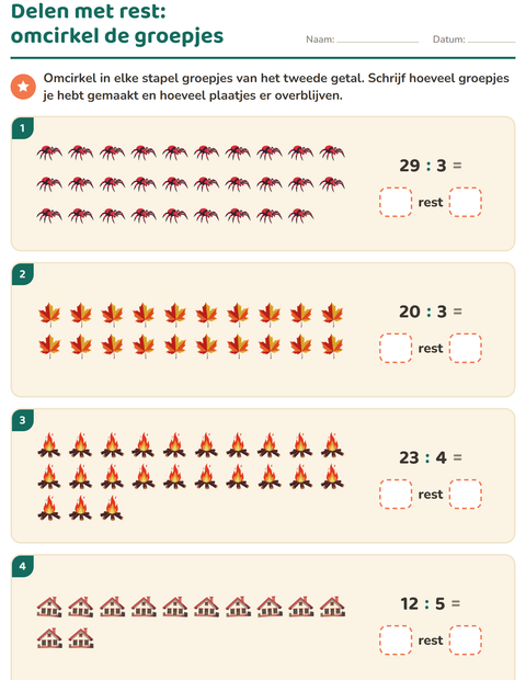 Voorbeeld van het Delen met rest-werkblad met Diversen voor groep 5