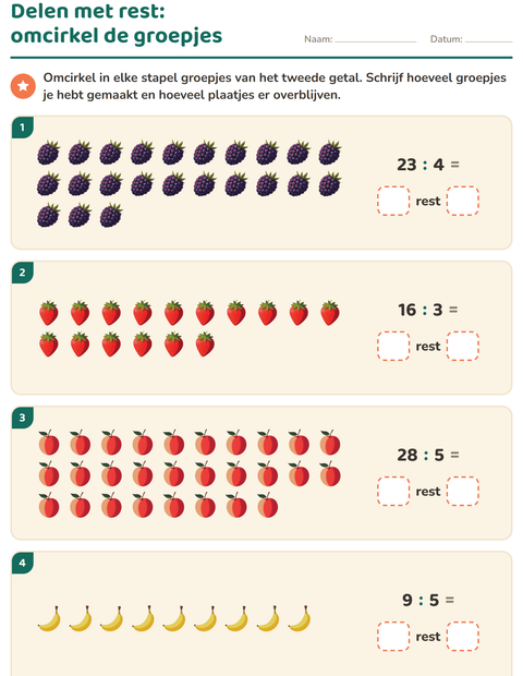 Voorbeeld van het Delen met rest-werkblad met Fruit voor groep 5